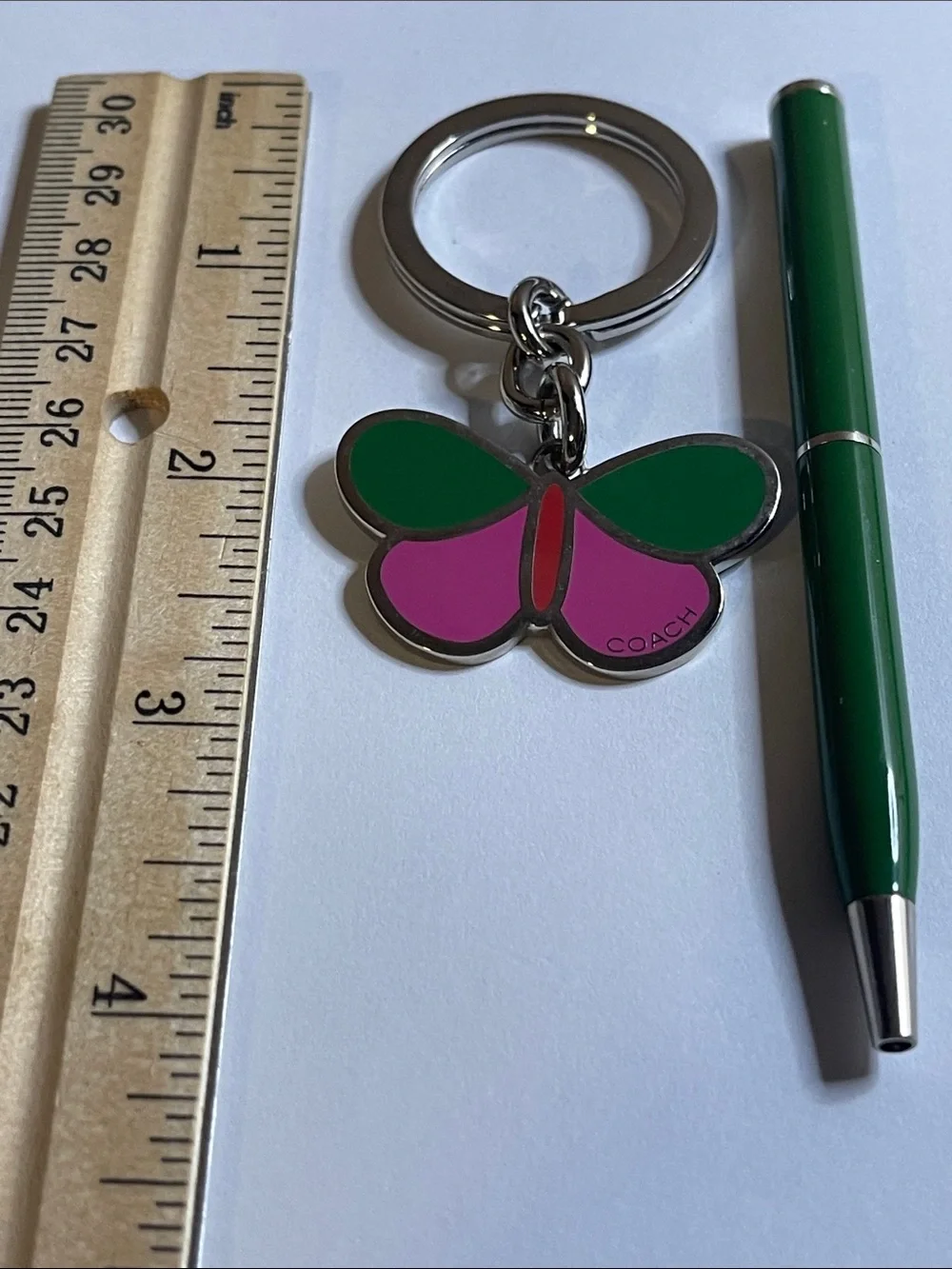 COACH Green & Pink Butterfly Enamel Keychain Charm and Coach Pen